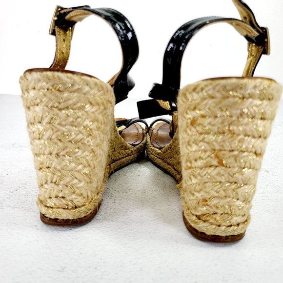 KATE SPADE Wedge Black Leather Espadrilles Sandals 8 Gold Chain Open Toe - Picture 10 of 14